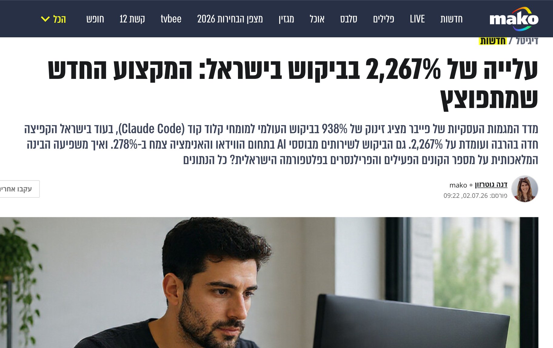 מאקו, עלייה של 2,267% בביקוש בישראל למומחי Claude Code